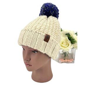 North Face Tufted Beanie Chunky Knit Cap One Size Fitted Pom Pom Oatmeal Purple